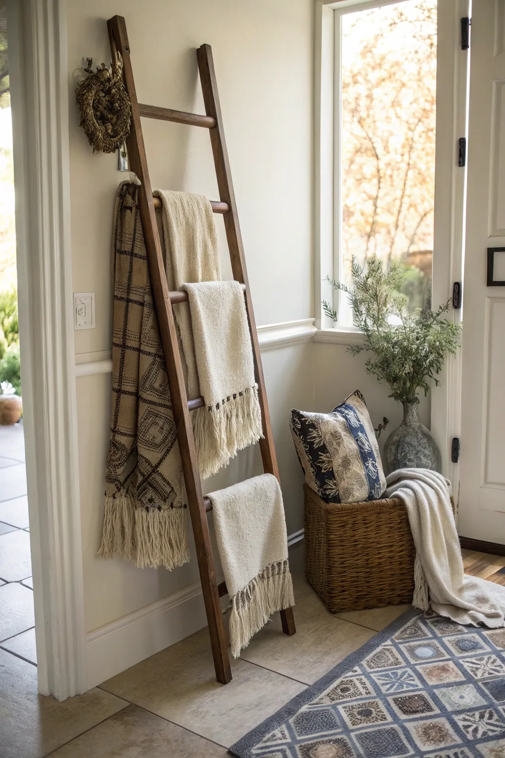 A decorative ladder displaying blankets in an entryway.