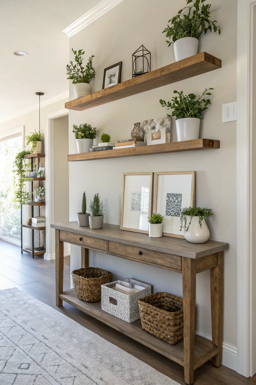 Wall shelves displaying decor in a stylish entryway.