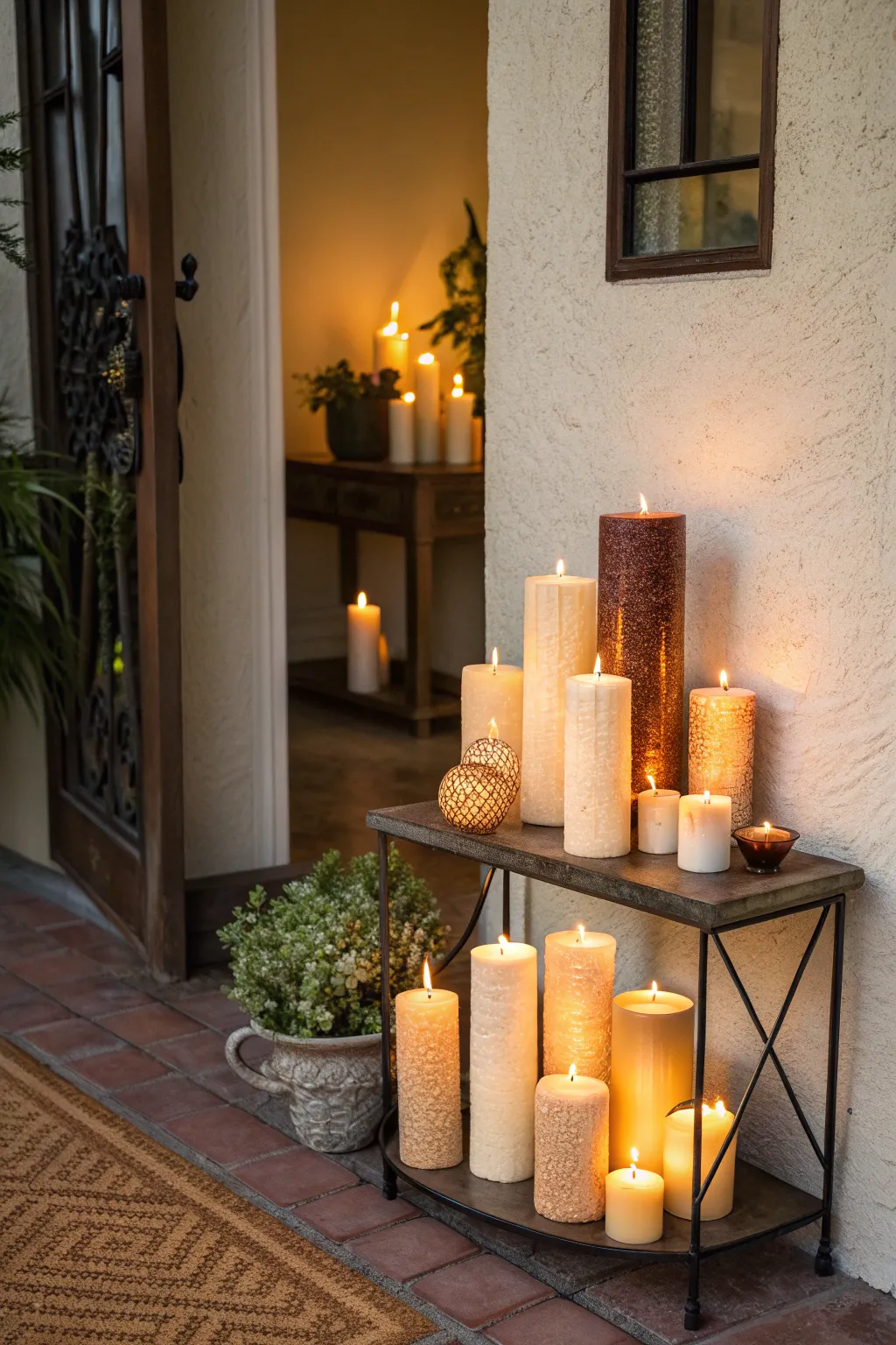 Candles creating a warm ambiance in an entryway.