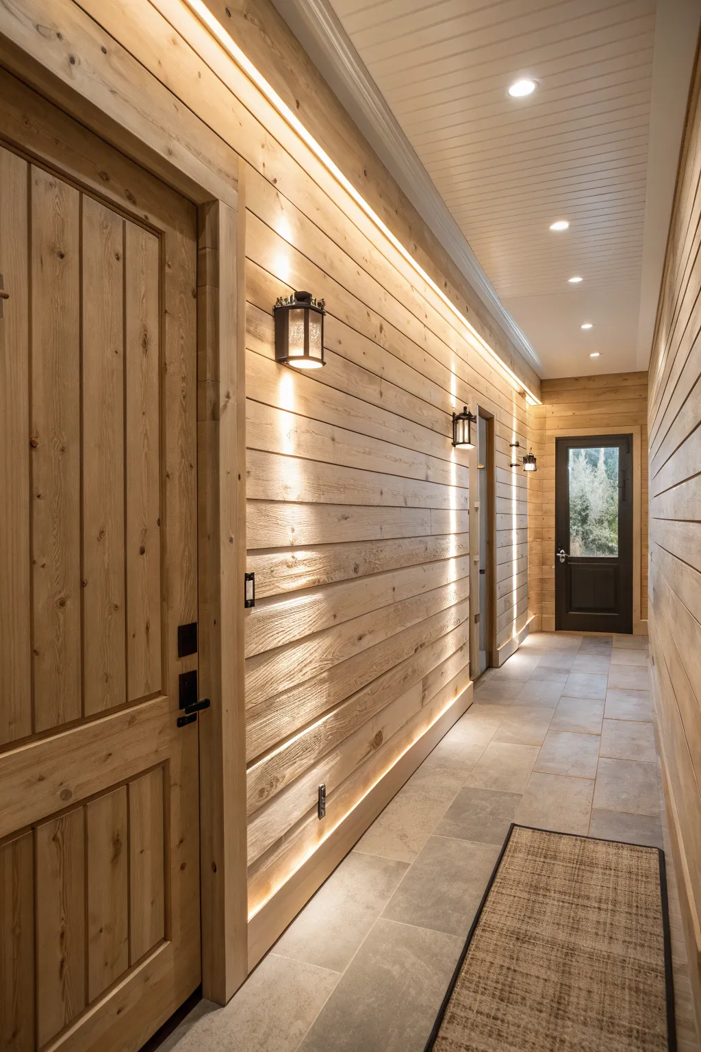 Textured wall panels adding character to an entryway.