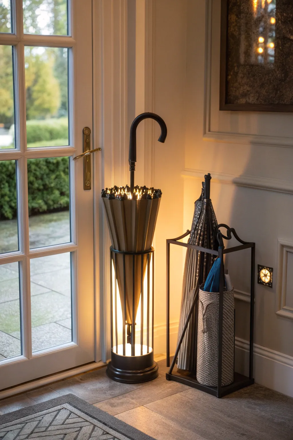 A stylish umbrella stand in a functional entryway.