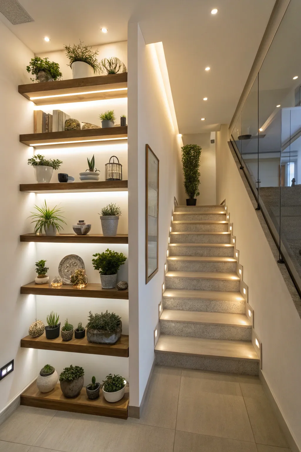 Floating shelves displaying decor in a minimal entryway.