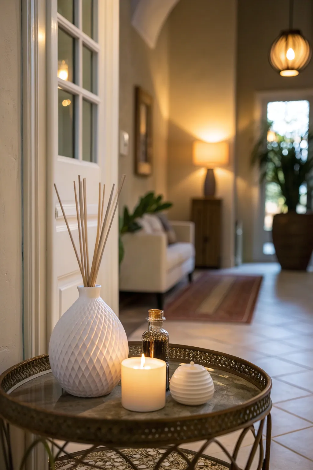 A fragrant diffuser enhancing the entryway's atmosphere.