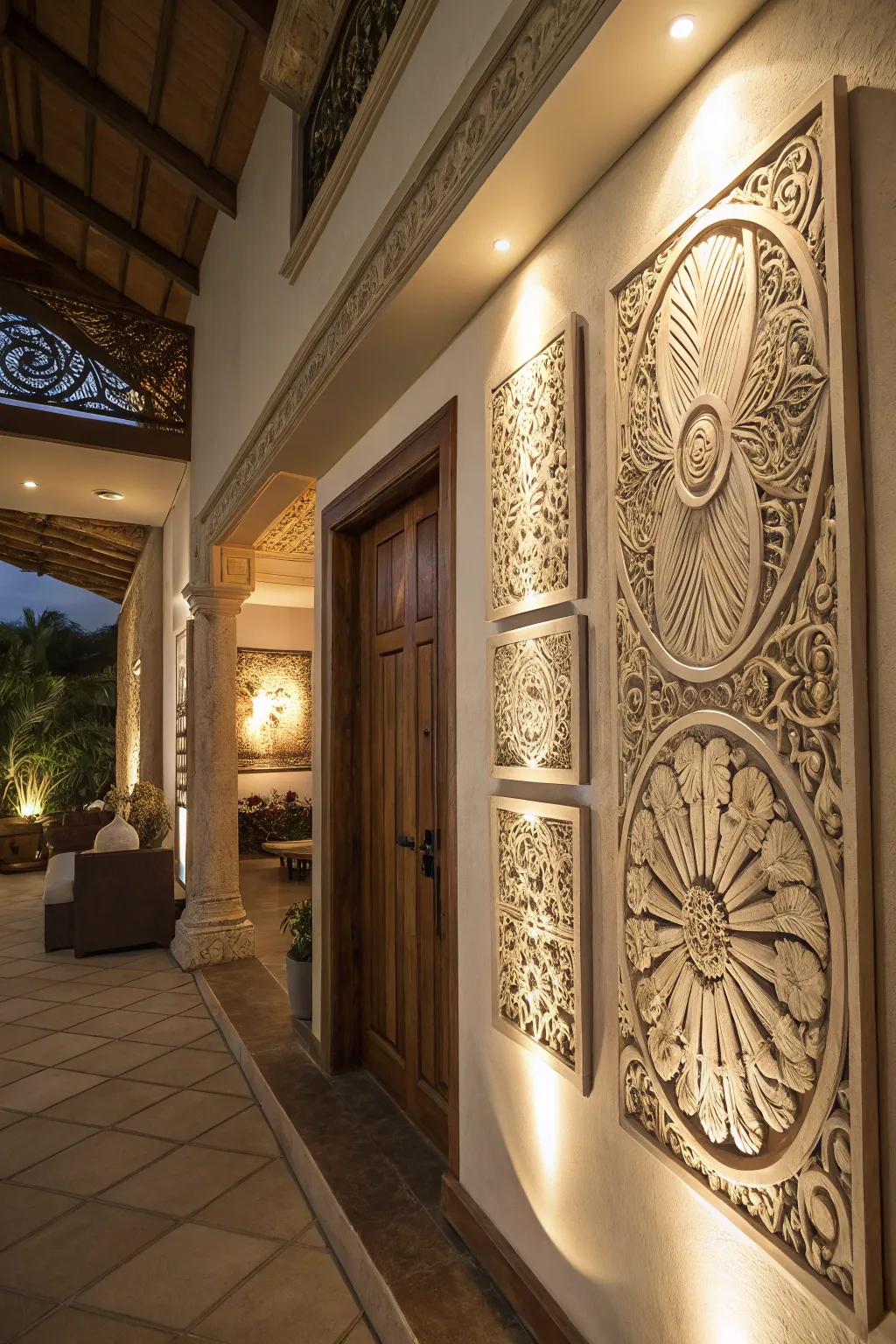 Intricate wall art making a statement in an entryway.