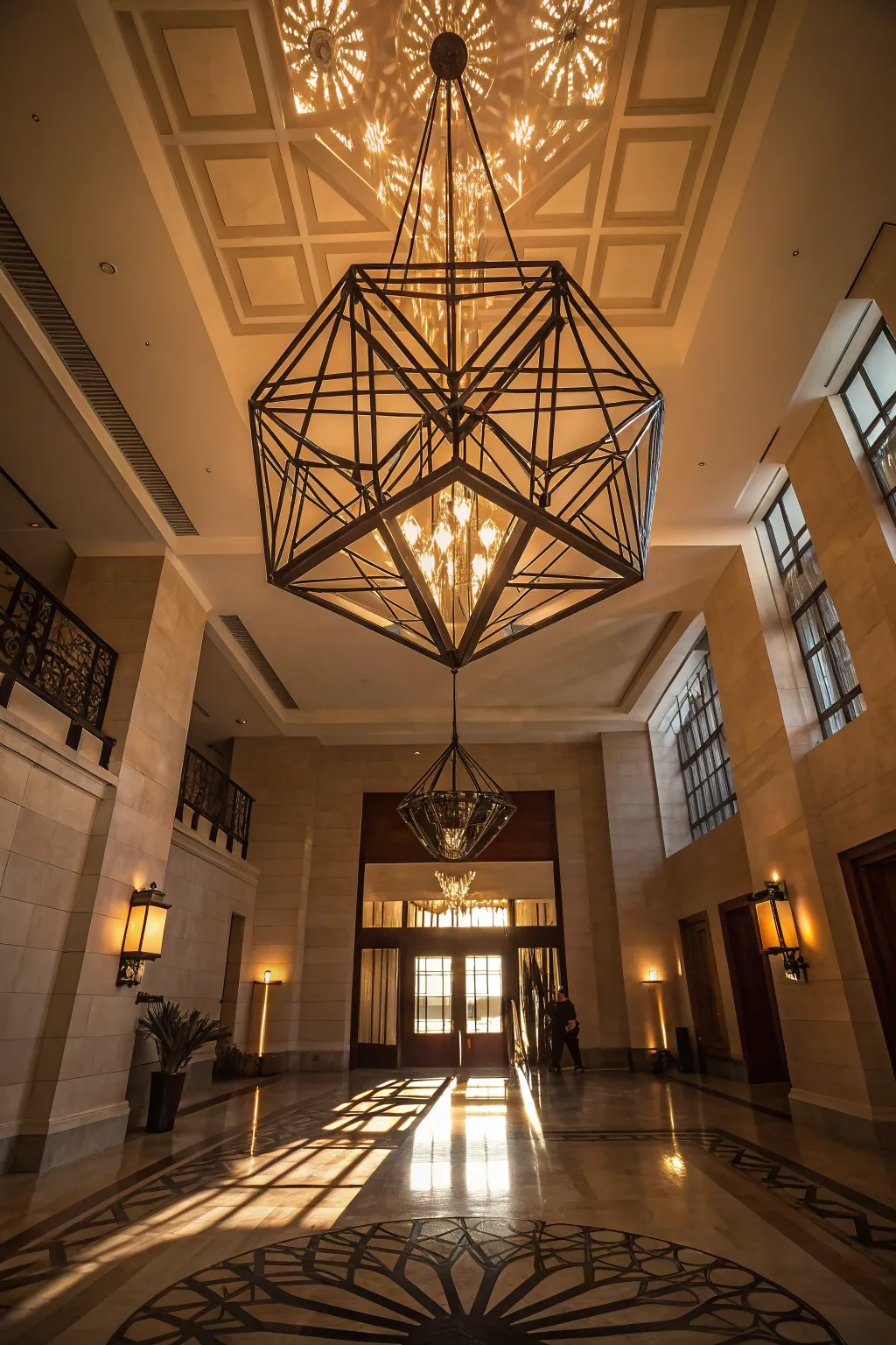 Bold geometric chandelier serving as a centerpiece in an entryway.