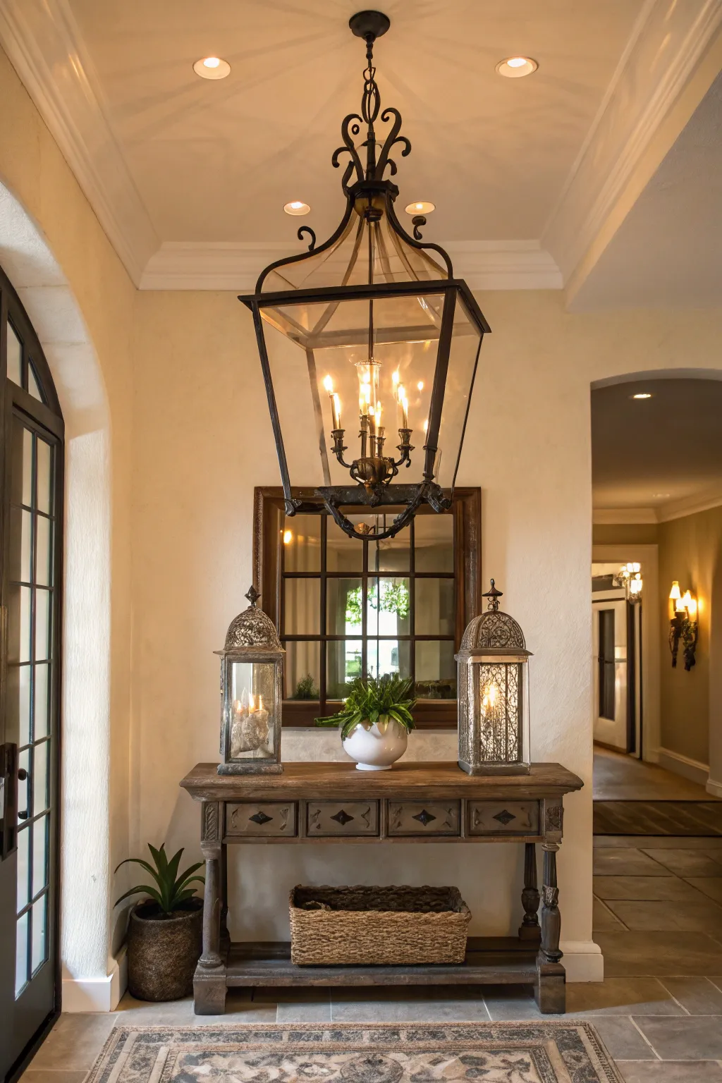 Classic lantern-style light fixture illuminating a charming entryway.
