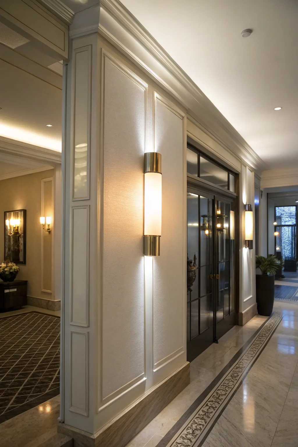 Modern LED wall sconces illuminating an entryway with style.