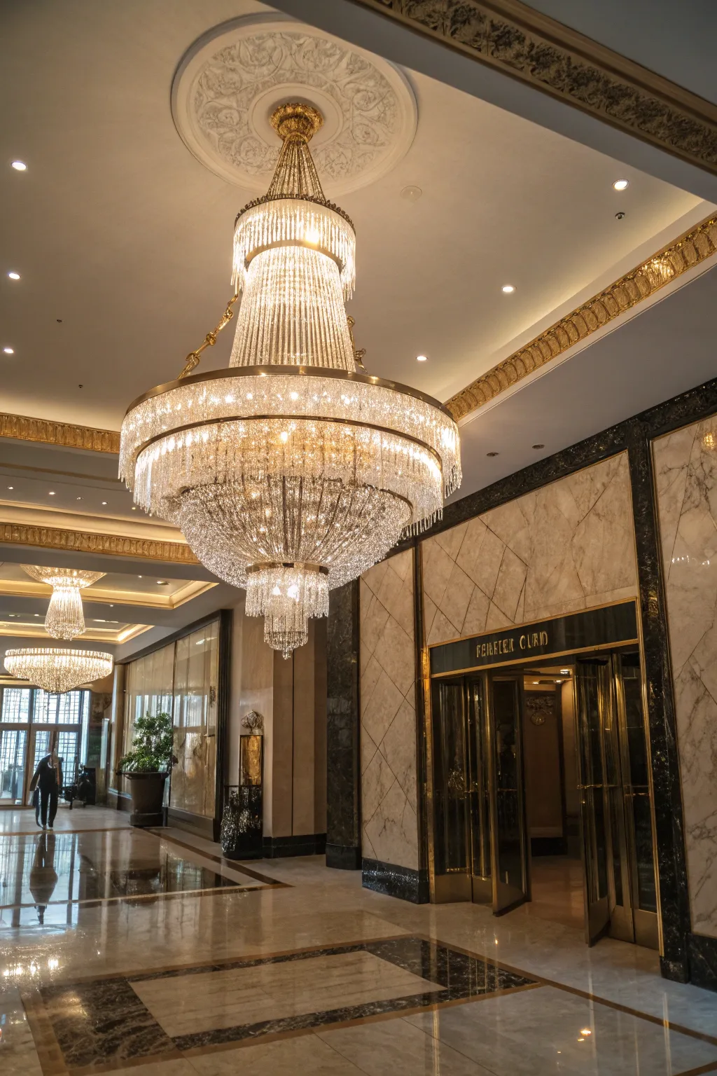 Art Deco chandelier adding glamour to a sophisticated entryway.