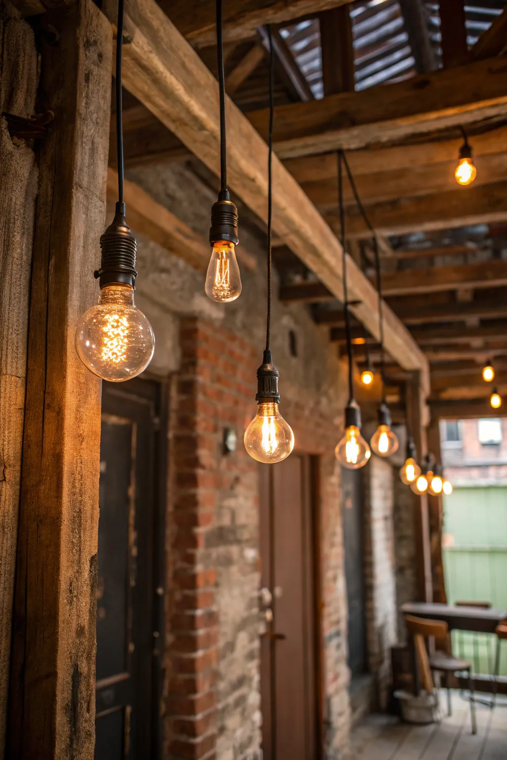 Vintage industrial pendant lights adding warmth to an entryway.