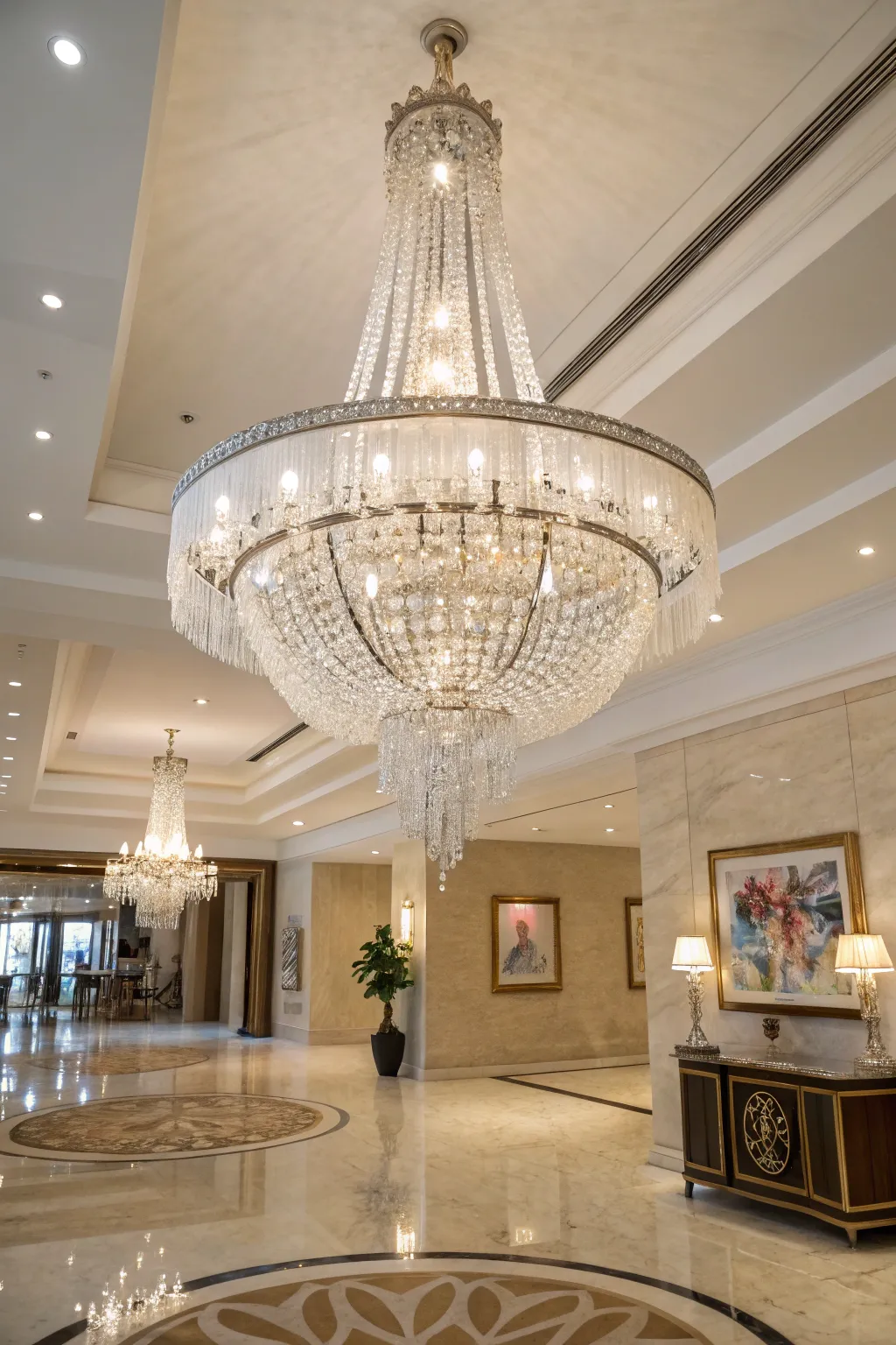 Elegant modern crystal chandelier illuminating a luxurious foyer.