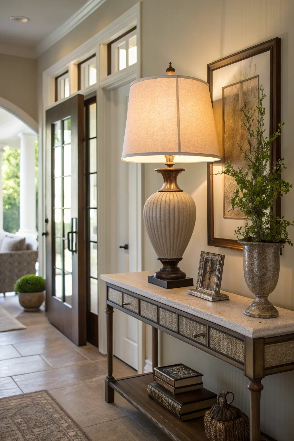 Stylish table lamp providing soft light in a cozy entryway.