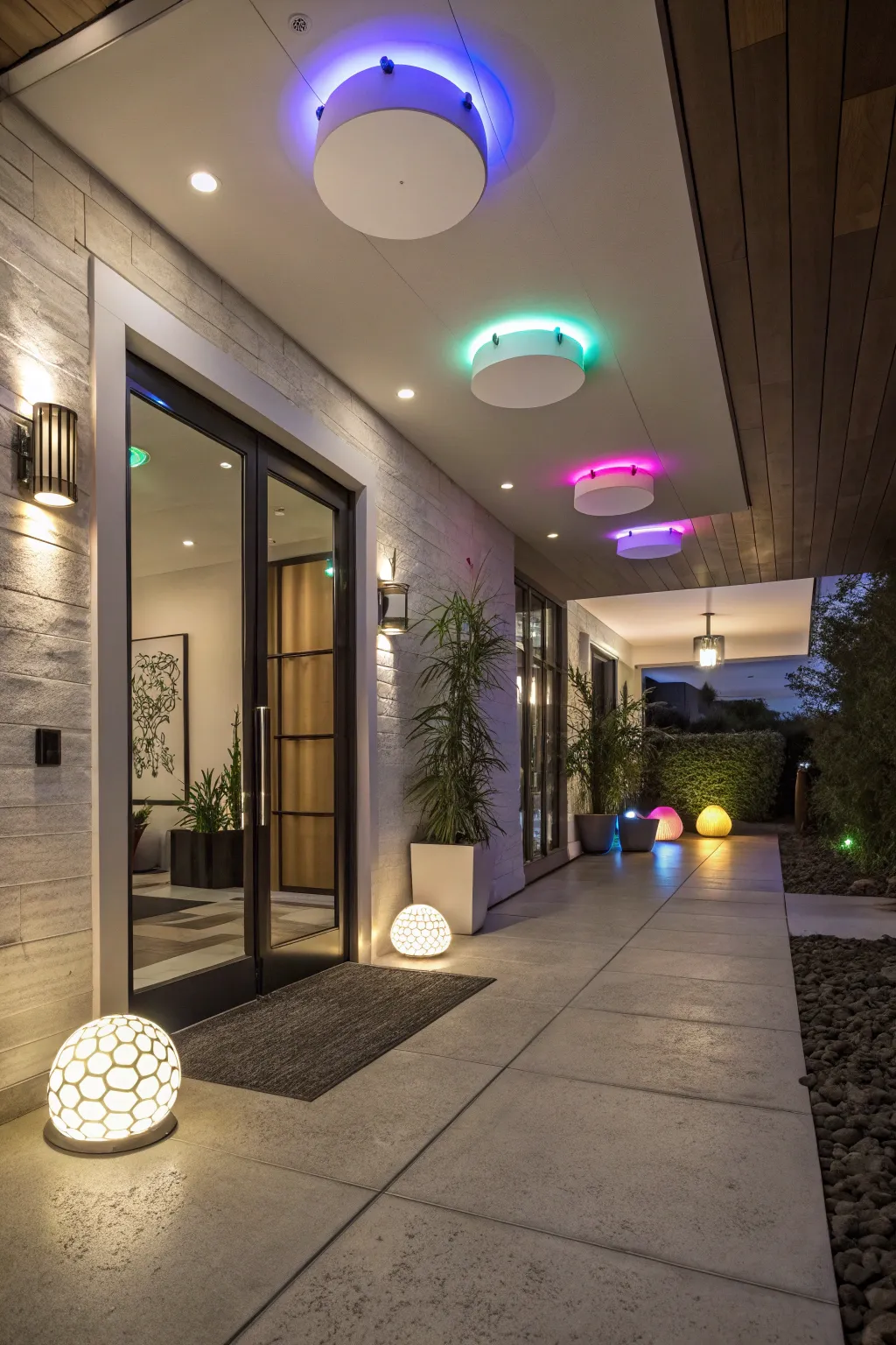 Smart color-changing lighting enhancing a modern entryway.