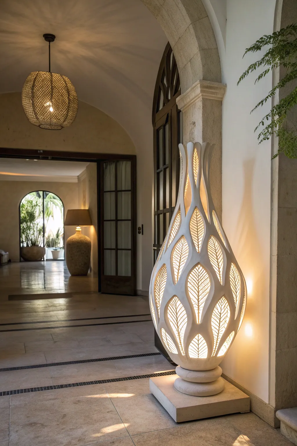 Artistic sculptural light fixture as a centerpiece in an entryway.