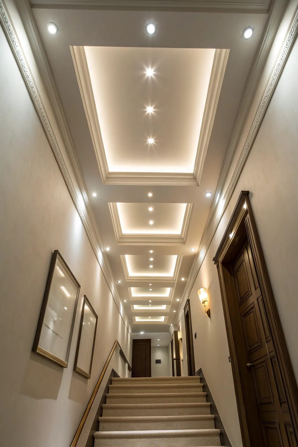 Recessed lighting providing soft illumination in a modern entryway.