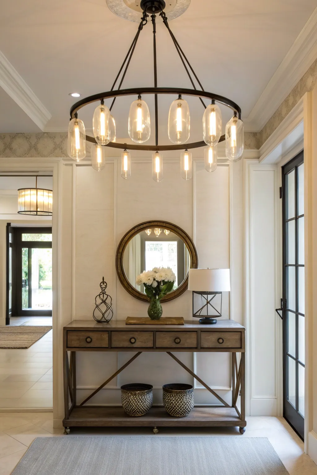 Multi-light pendant offering layered illumination in an entryway.