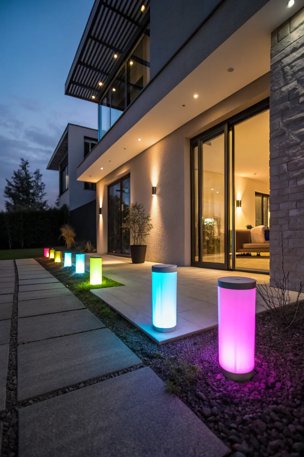 Color-changing LED fixtures adding a playful touch to an entryway.