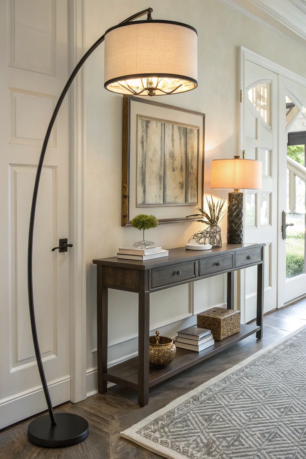 Contemporary arc floor lamp adding elegance to an entryway.