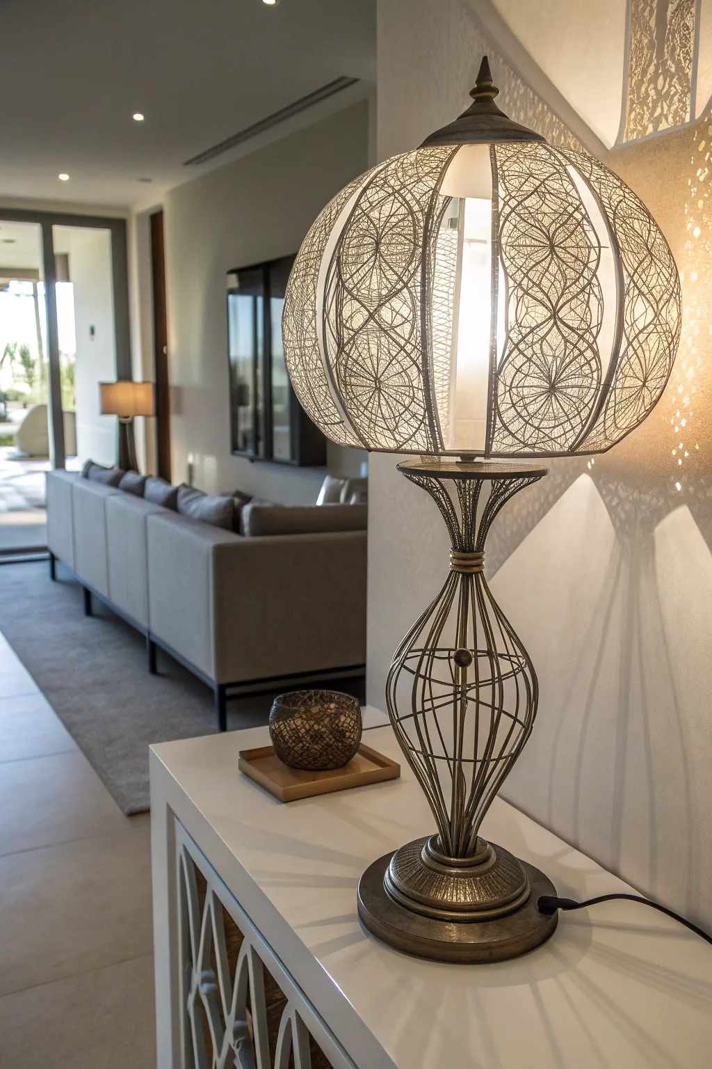Wireframe lamp creating visual interest in a modern entryway.