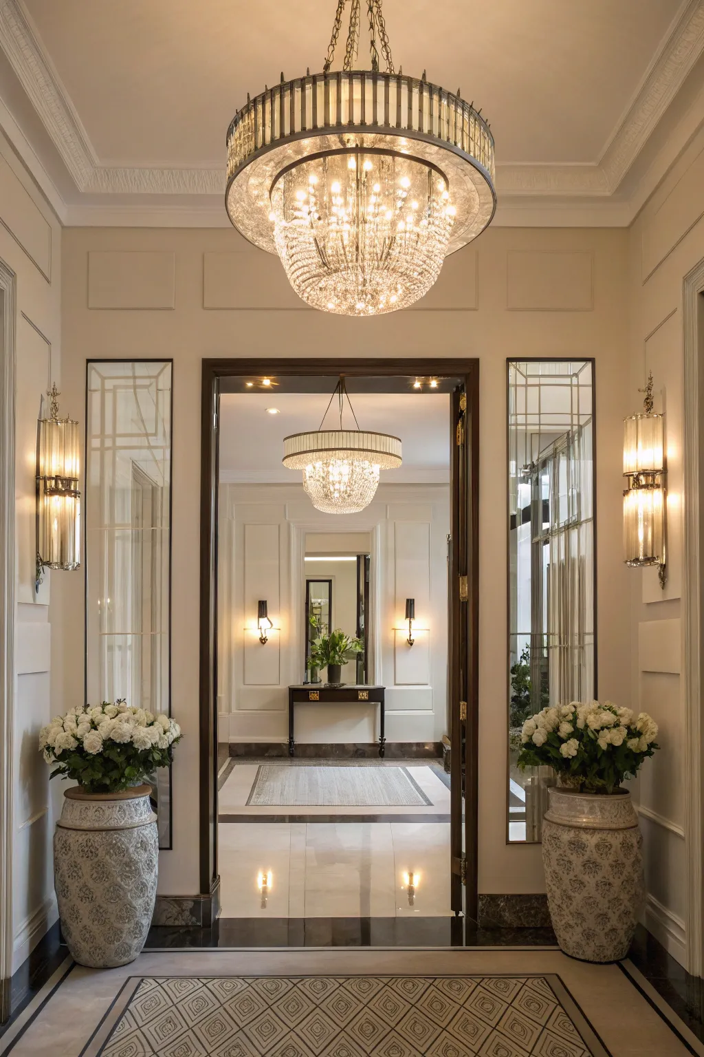 Mirrored light fixtures adding glamour to an entryway.
