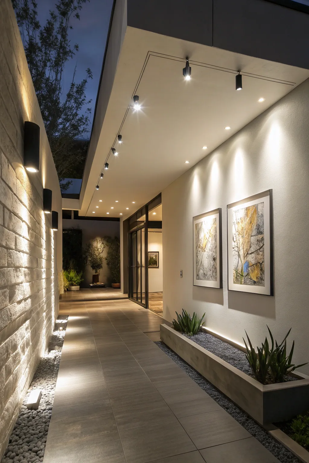 Architectural spotlights enhancing features in a stylish entryway.