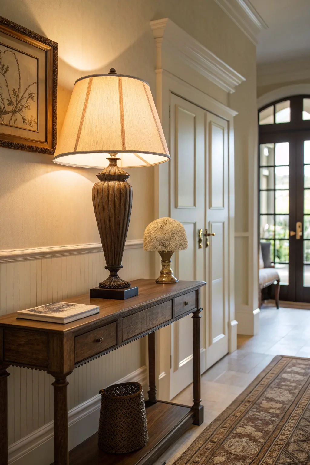 Tapered shade table lamp creating a cozy atmosphere in an entryway.