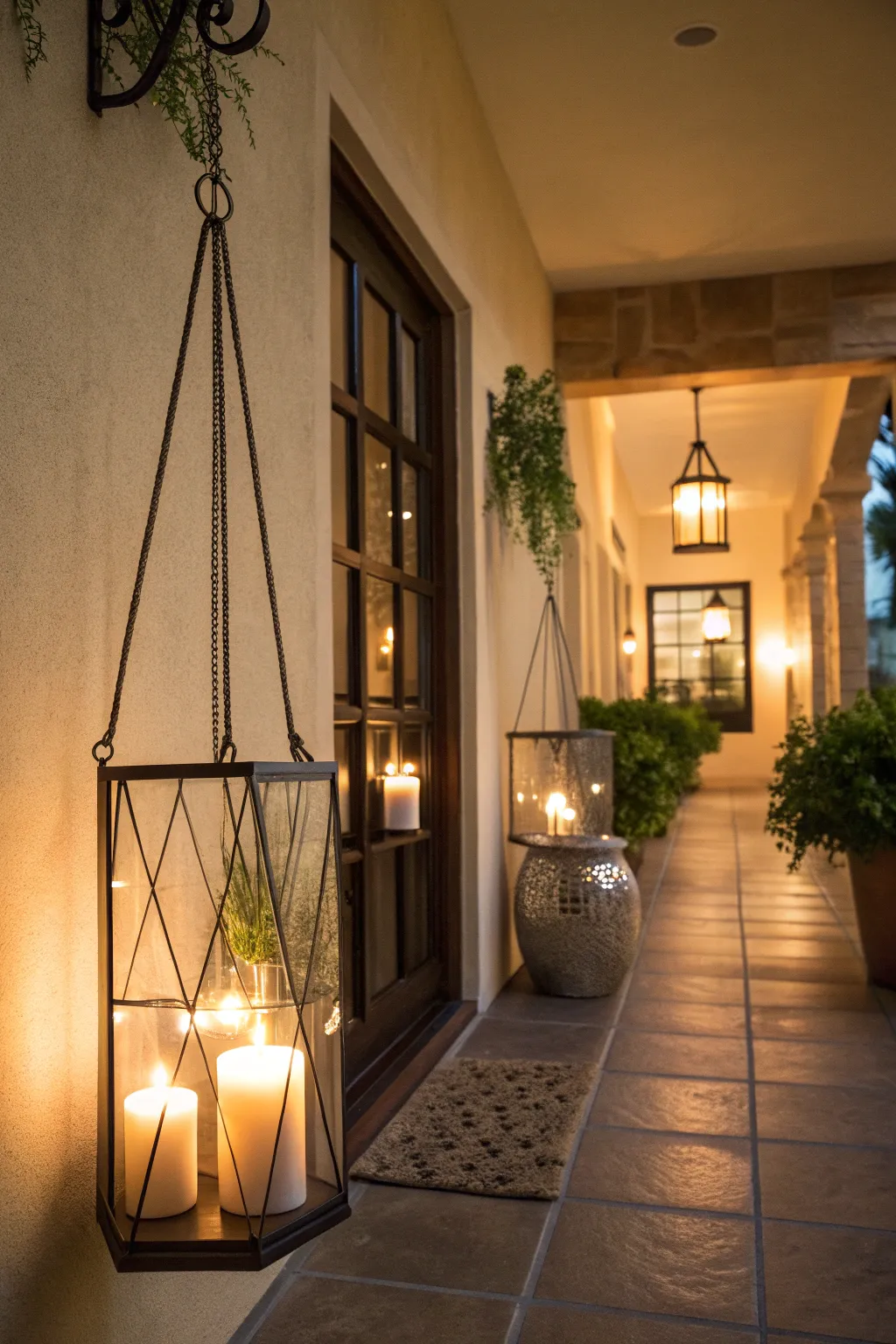 Hanging candle holders adding a cozy vibe to an entryway.