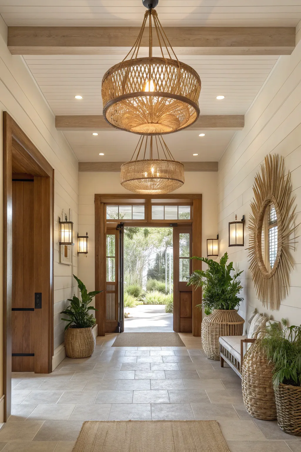 Modern foyer lighting with natural elements creating a serene atmosphere.