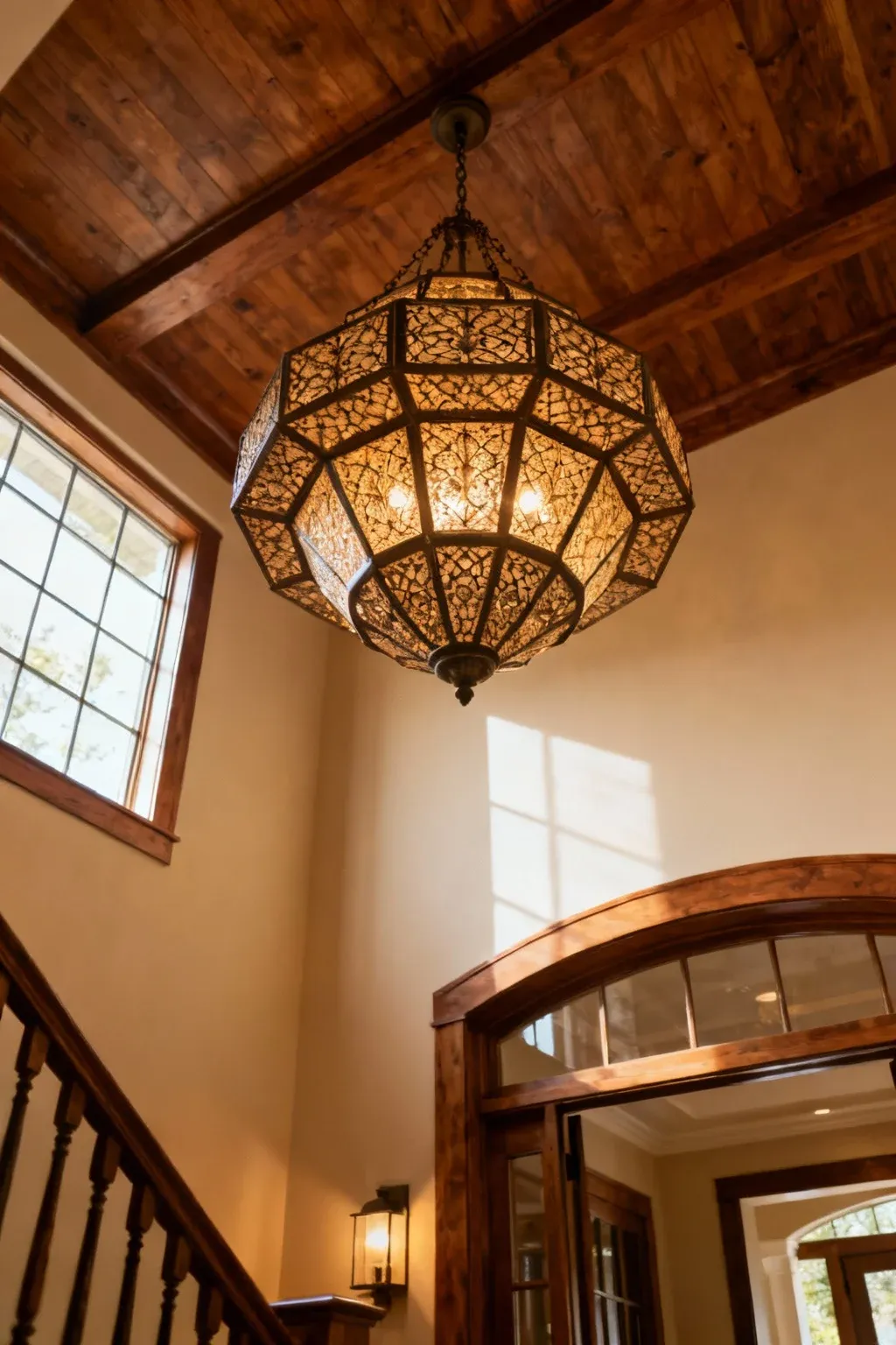 A bold statement pendant light illuminating a warm foyer with wooden accents.