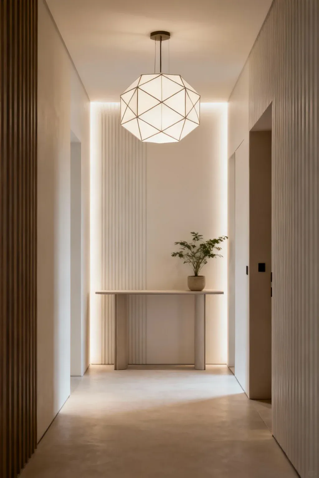 Modern geometric light fixtures in a neutral-toned entryway.