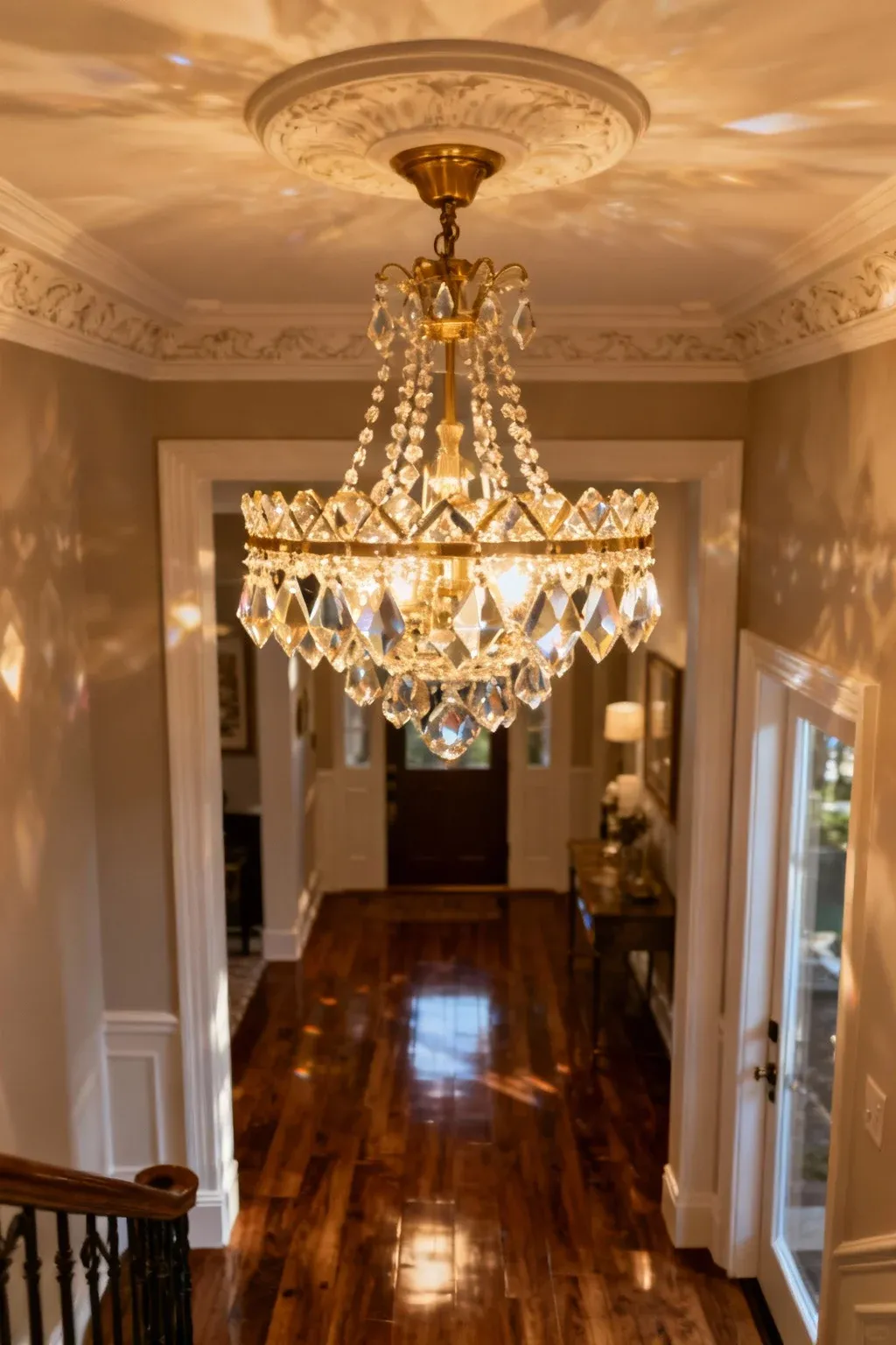 Sophisticated ceiling light fixture with crystal elements in a stylish foyer.