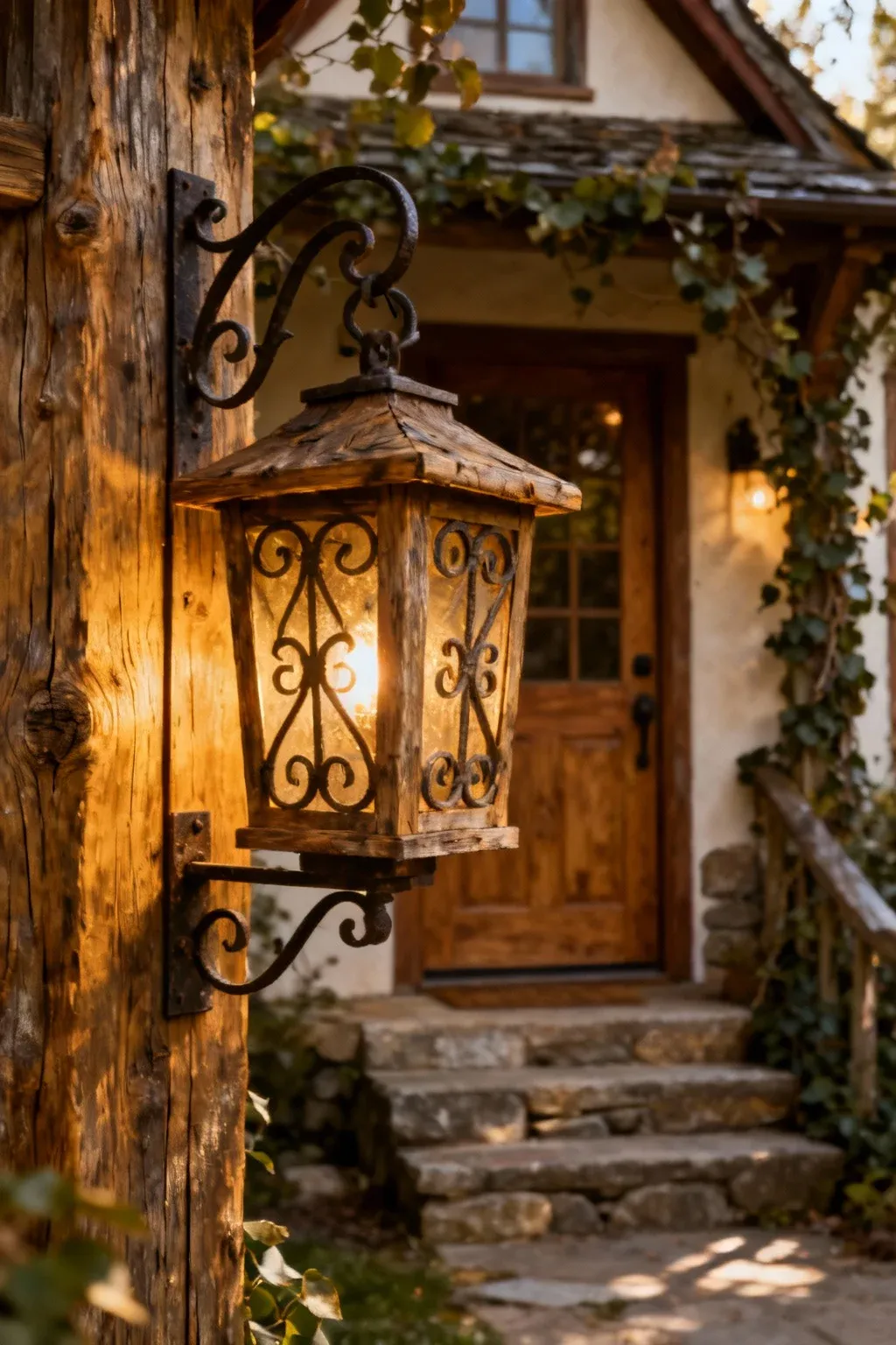 Rustic light fixture with wood and wrought iron in a cozy entryway.
