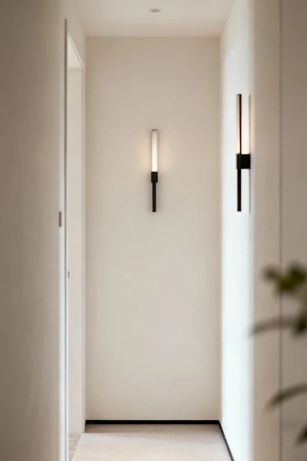 Sleek wall sconces providing illumination in a small, airy foyer.
