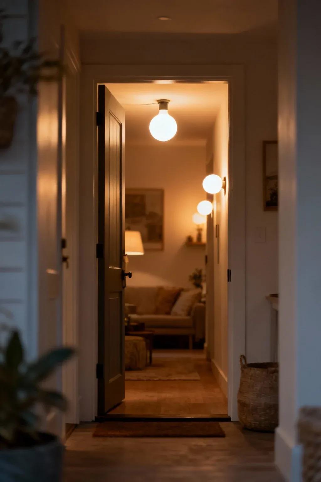 Soft warm lighting illuminating a welcoming entryway.