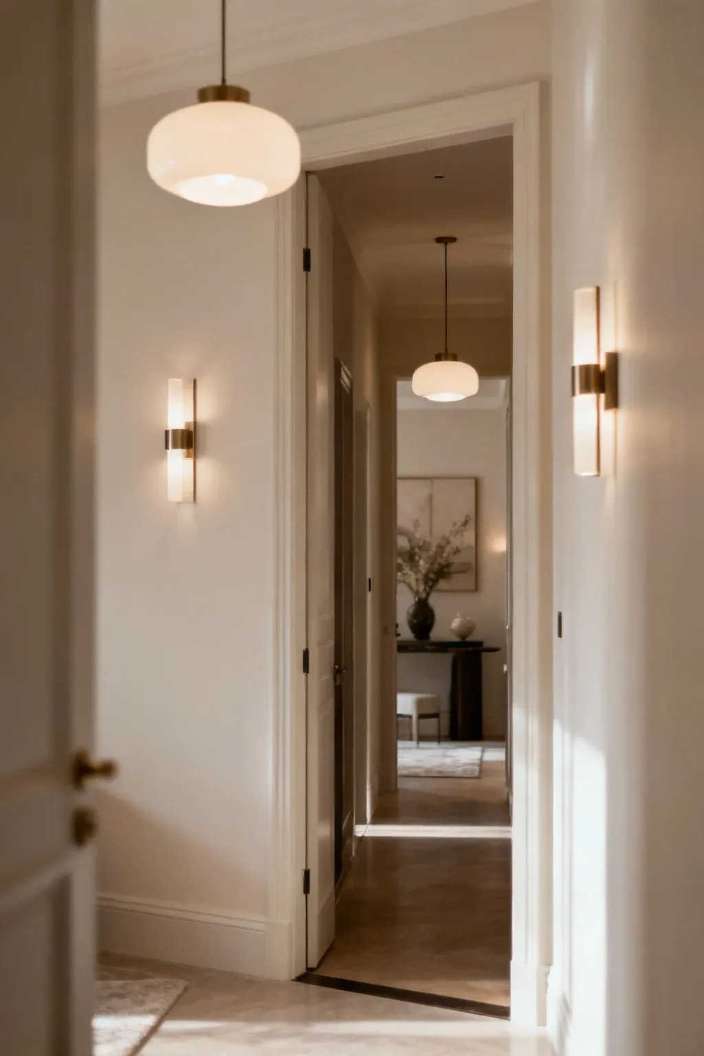 Stylish light fixtures elegantly connecting an entryway to a hallway.