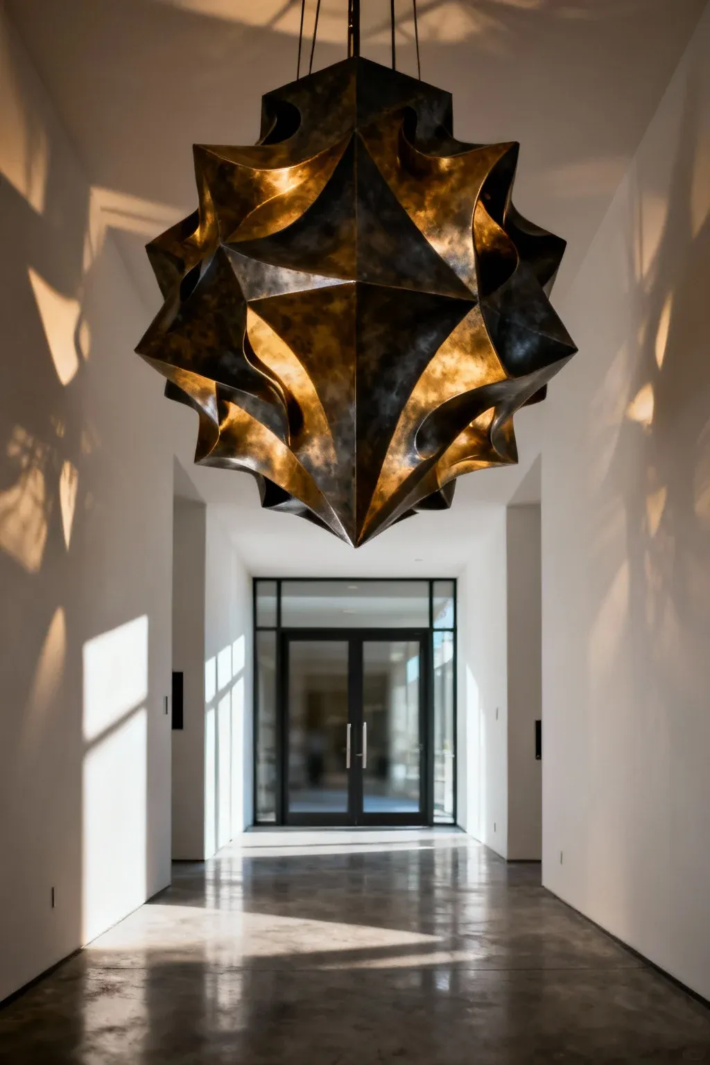 Artistic light fixture with unique design in a modern entryway.