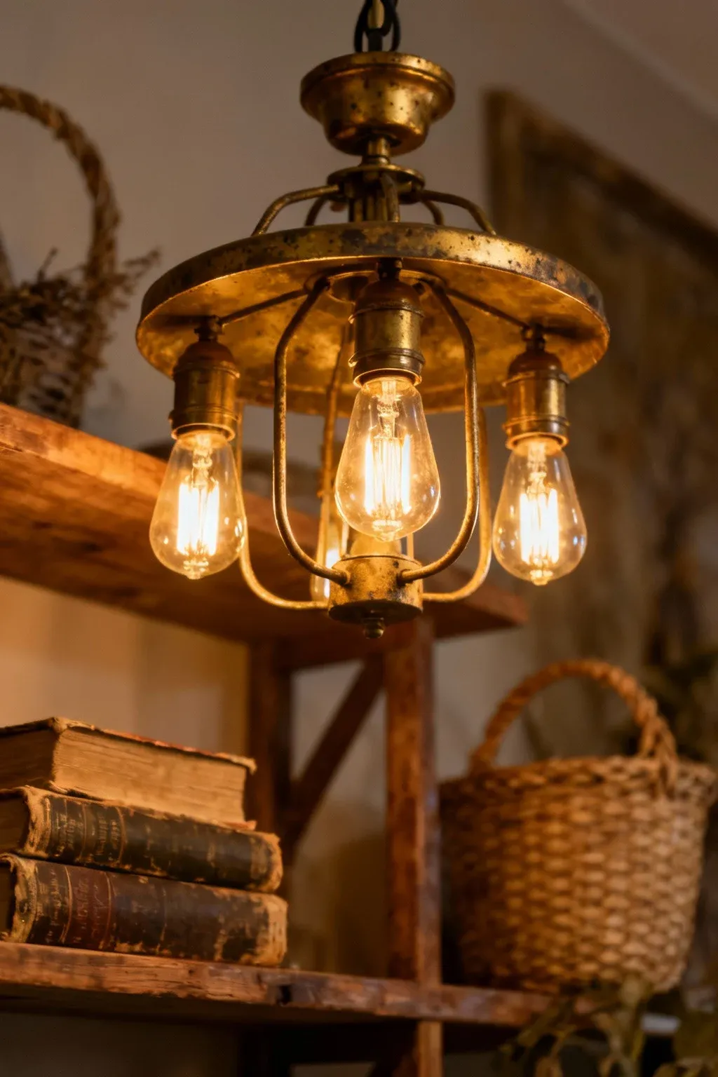 Vintage pendant light with Edison bulbs illuminating a rustic entryway.