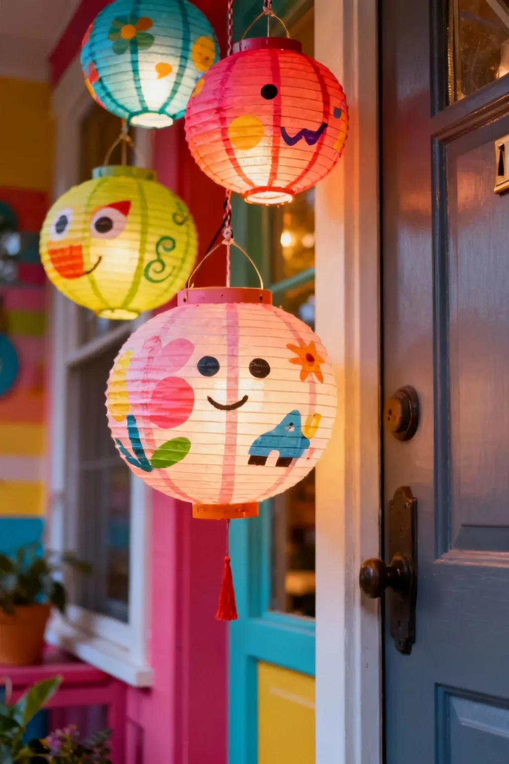 Playful colorful lanterns adding charm to a front entry.