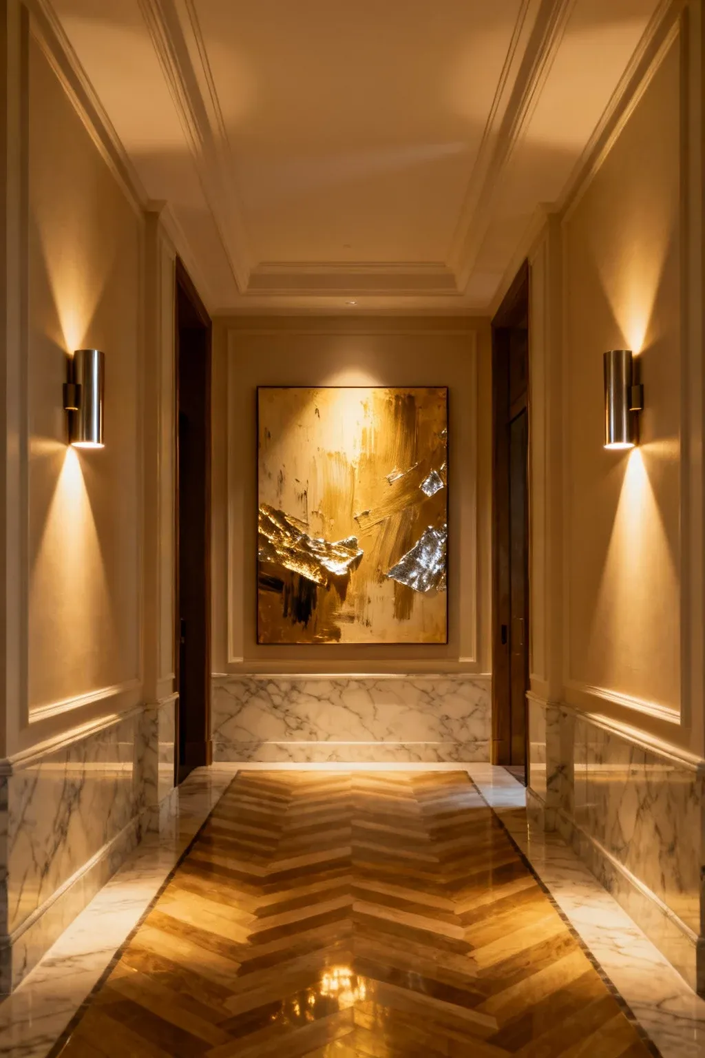 Wall sconces providing illumination and highlighting artwork in a foyer.