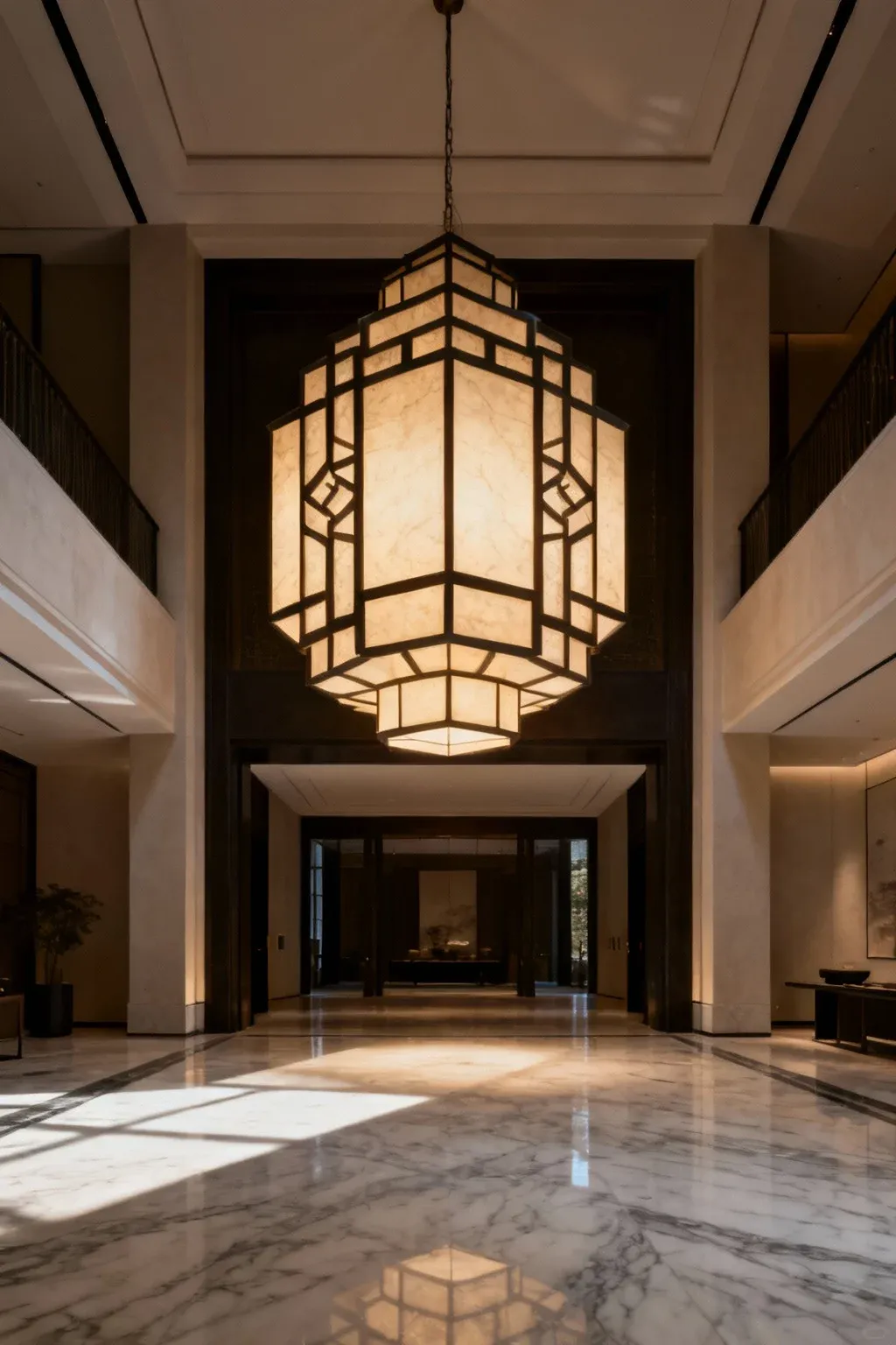 Dramatic oversized light fixture in an elegant entryway.