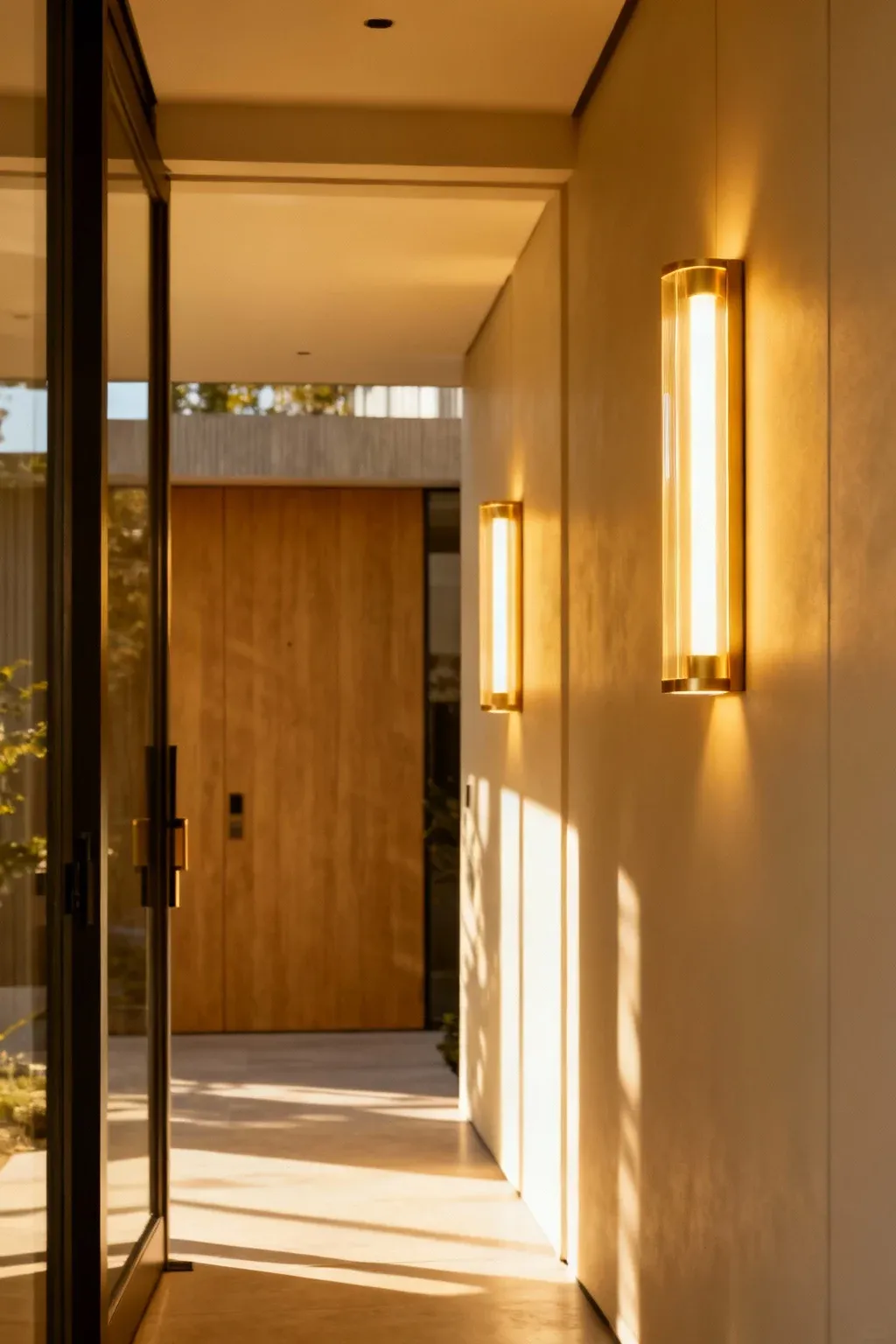 Warm LED fixtures illuminating a bright and modern entryway.
