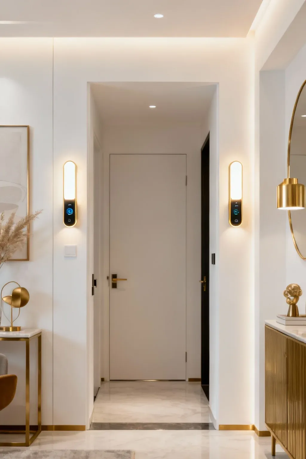 Modern smart lighting fixtures enhancing a contemporary entryway.