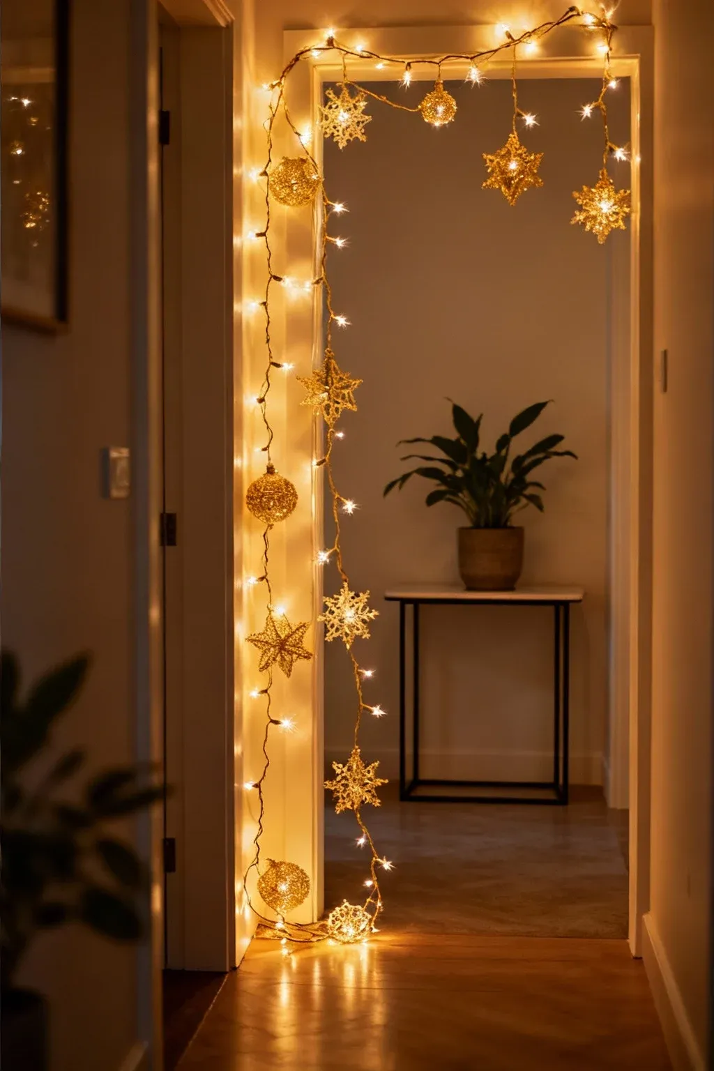 Whimsical string lights adding warmth to a small foyer.