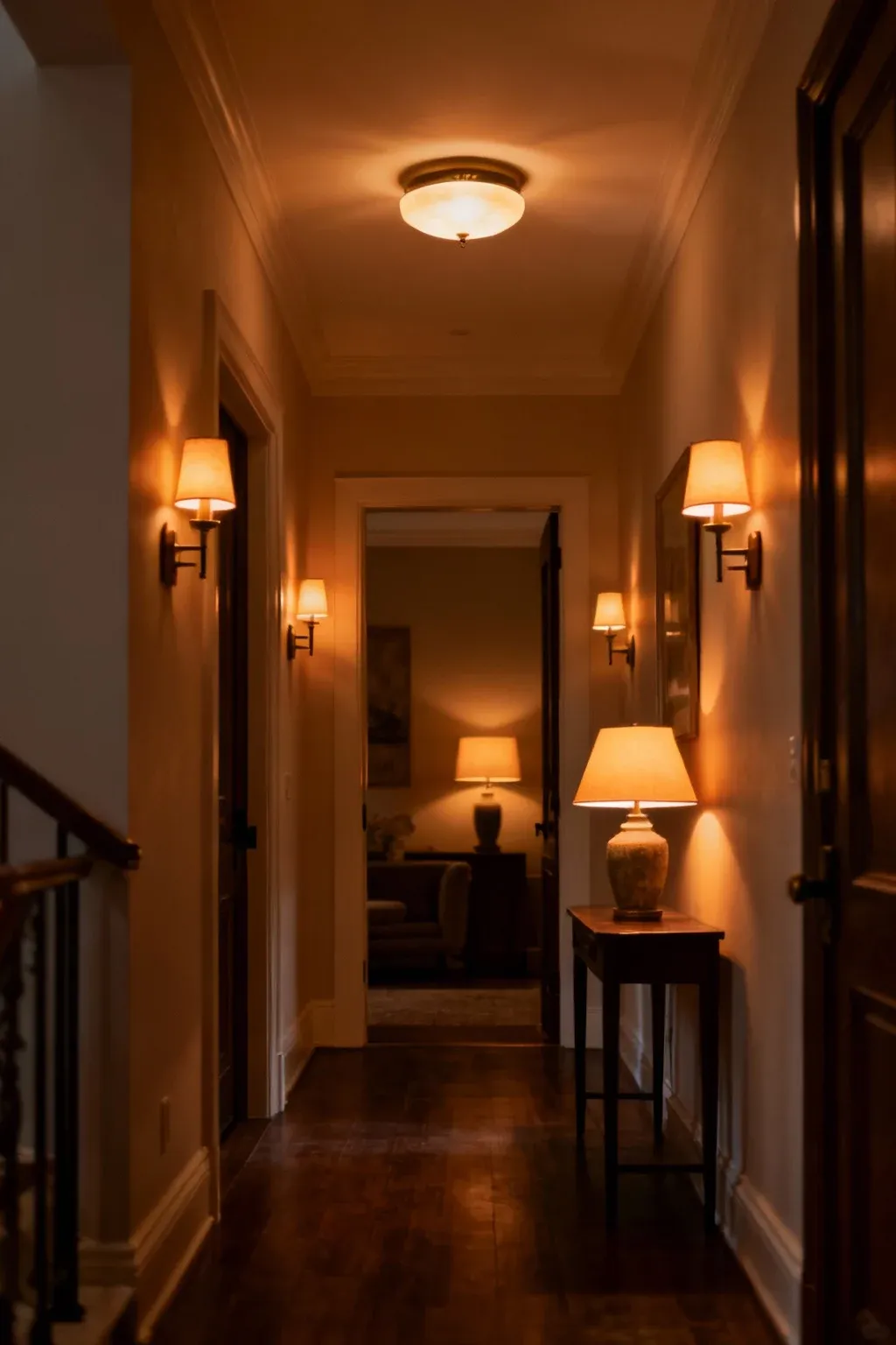 Layered lighting creating a cozy atmosphere in an entryway.