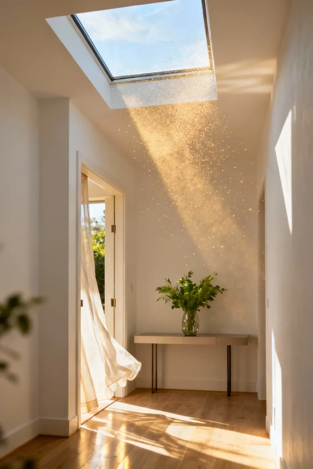 Bright entryway illuminated by natural light from skylights.