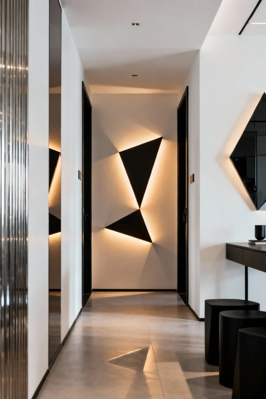 Bold geometric light fixtures in a contemporary entryway.