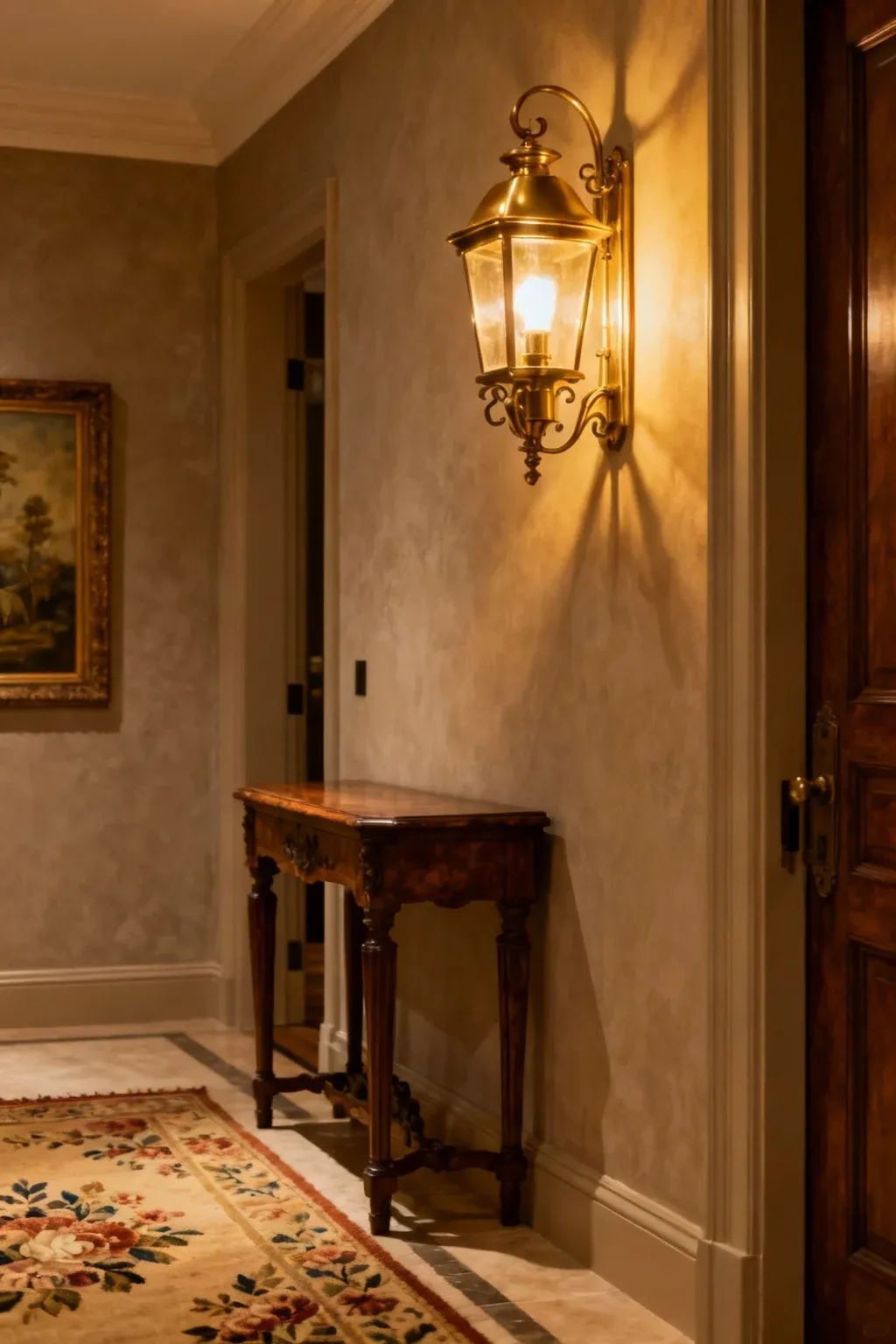 Timeless wall-mounted light fixture in an elegant entryway.