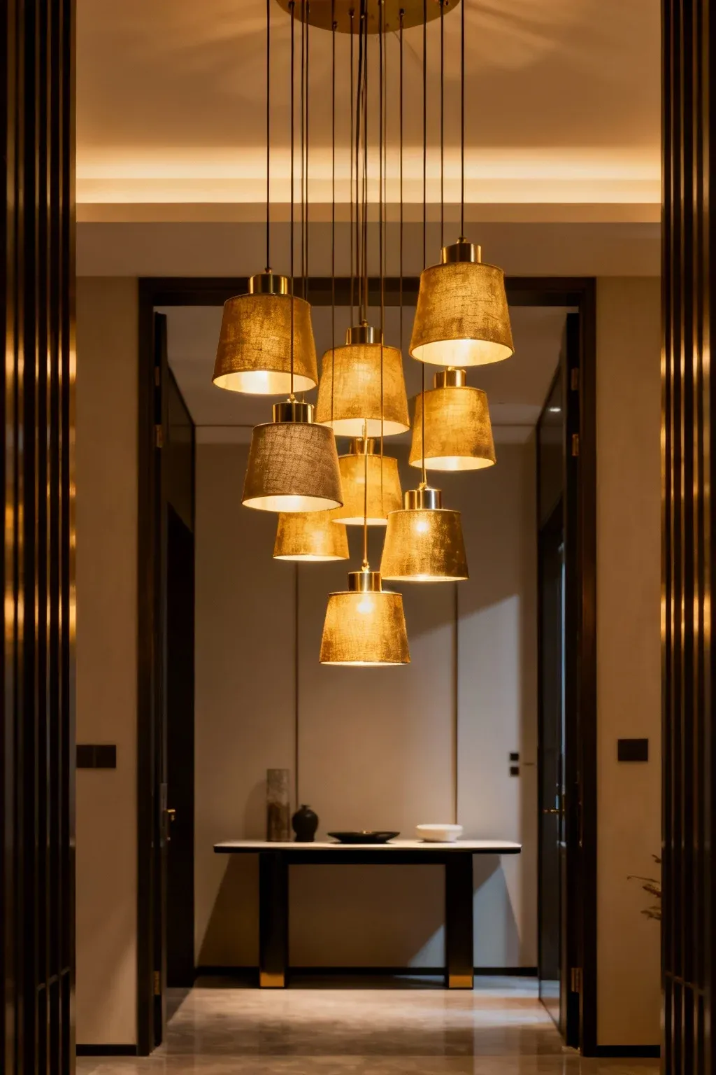 Cluster pendant lights creating a stunning visual in an entryway.