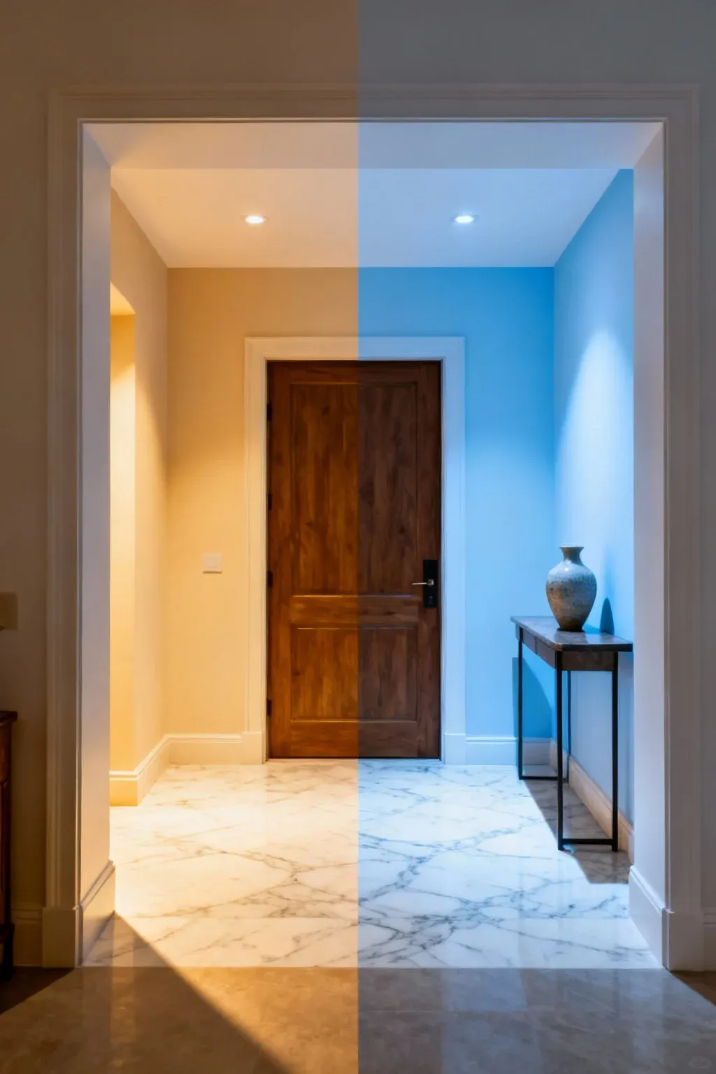 Contrasting warm and cool lighting effects in an entryway.