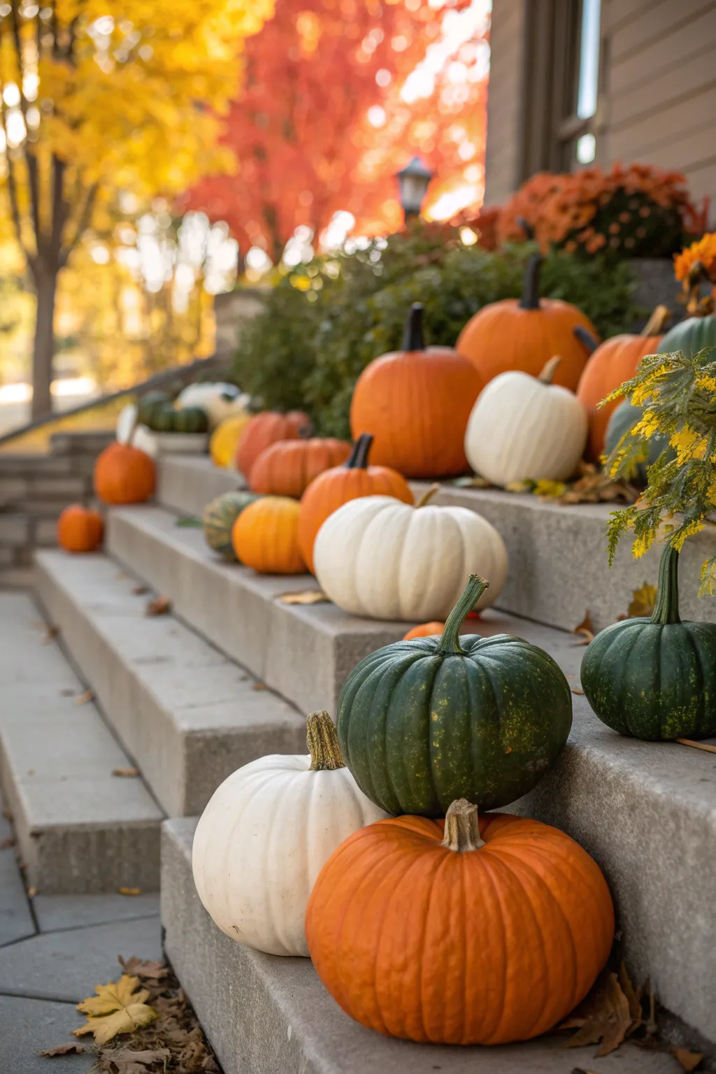 A colorful display of pumpkins in different sizes on front steps.