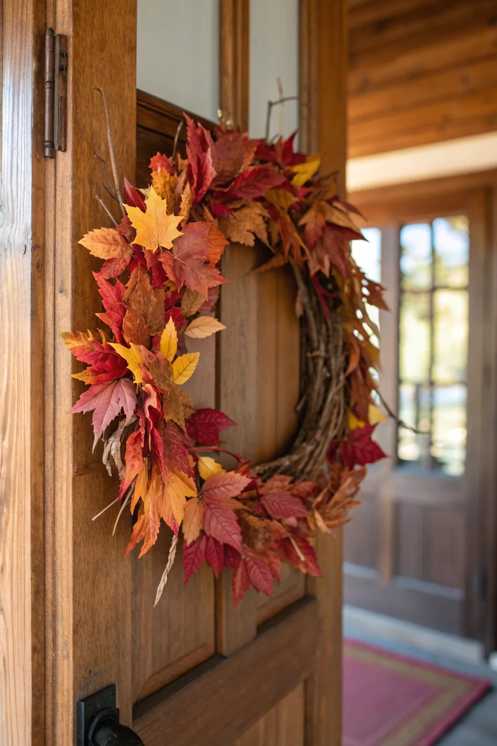 A wreath made of colorful dried leaves hanging on a door.